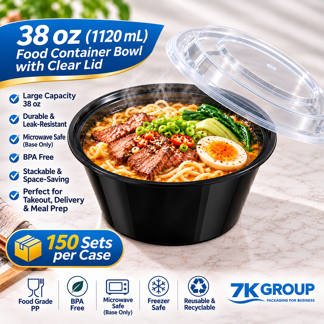 38oz Black Round Microwavable Noodle Bowls 150SET/CS
